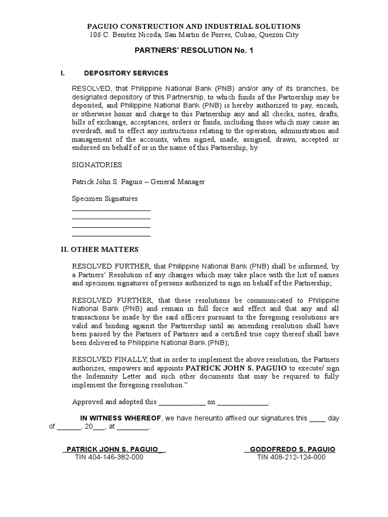 Partnership Resolution Sample | Download Free PDF | Banks | Banking