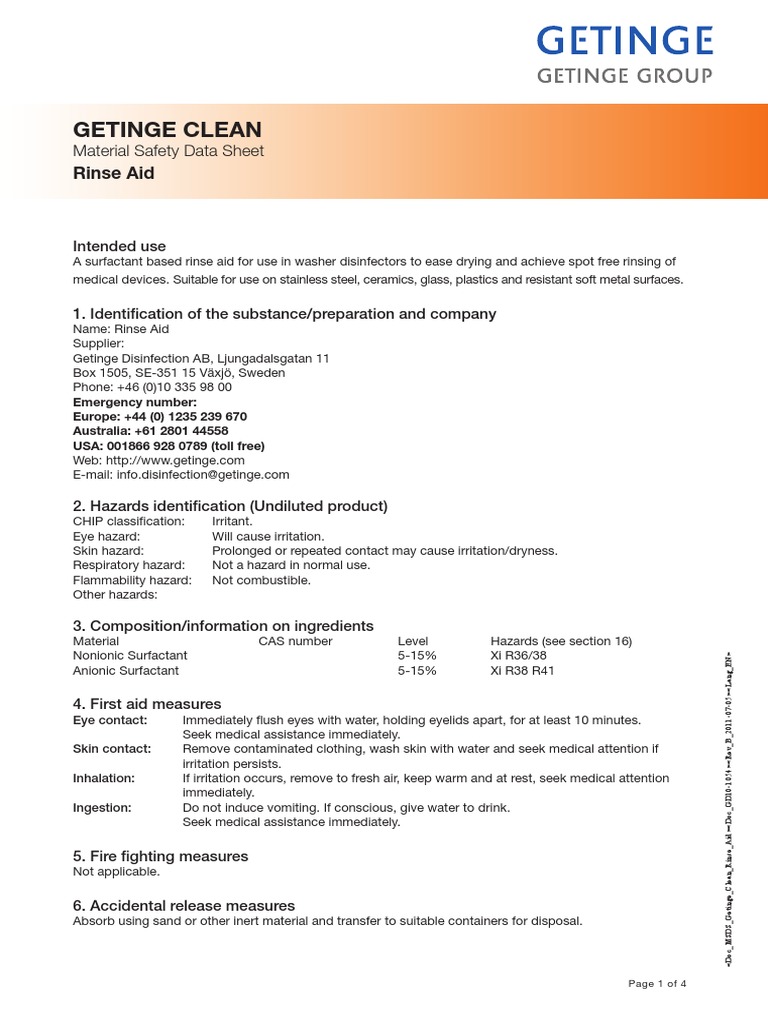 MSDS Rinse Aid Getinge Clean Personal Protective Equipment Chemistry
