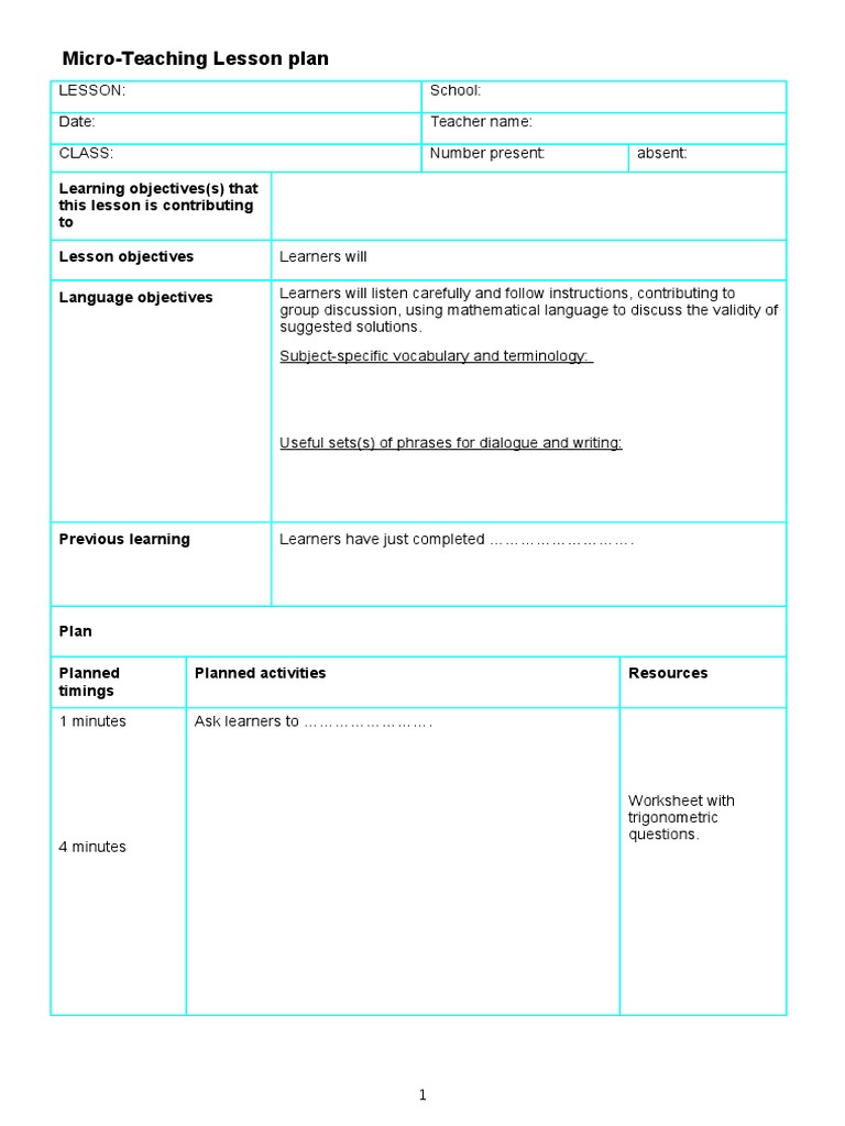 Micro-Teaching Lesson Plan | PDF
