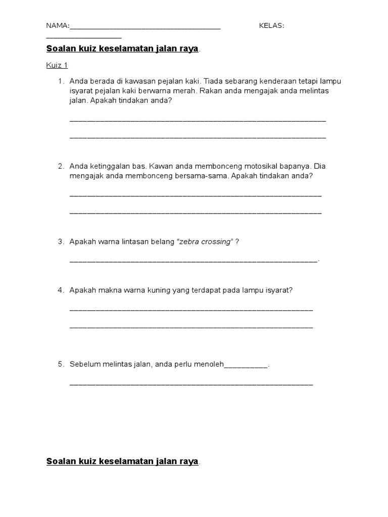 Soalan Kuiz Keselamatan Jalan Raya Tanpa Pilihan | PDF