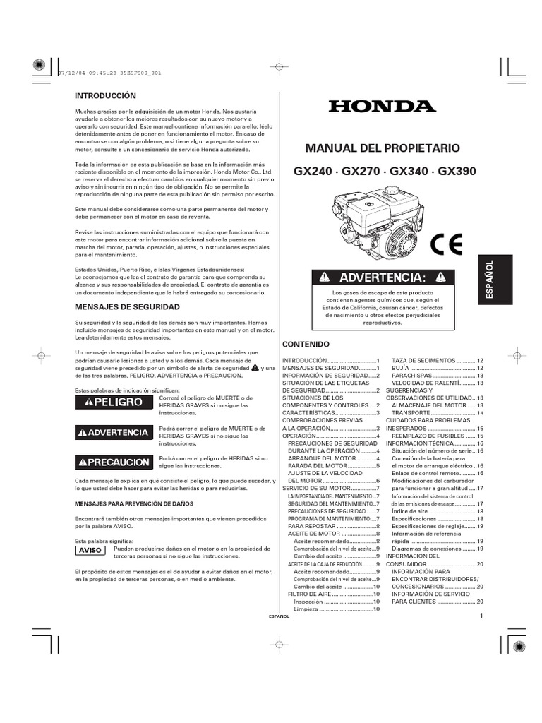 Manual del propietario de motores Honda GX240, GX270, GX340 y GX390