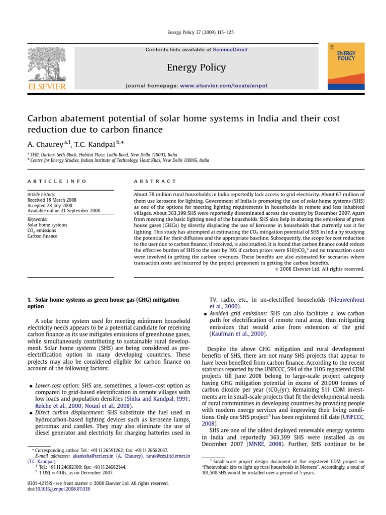 Carbon Abatement Potential Of Solar Home Systems In India
