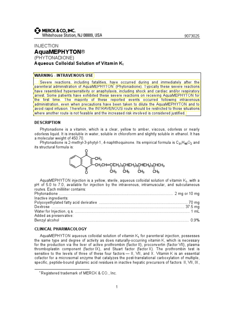 Merck Vitamin K Package Insert Aquamephyton PI Coagulation Dose (Biochemistry)