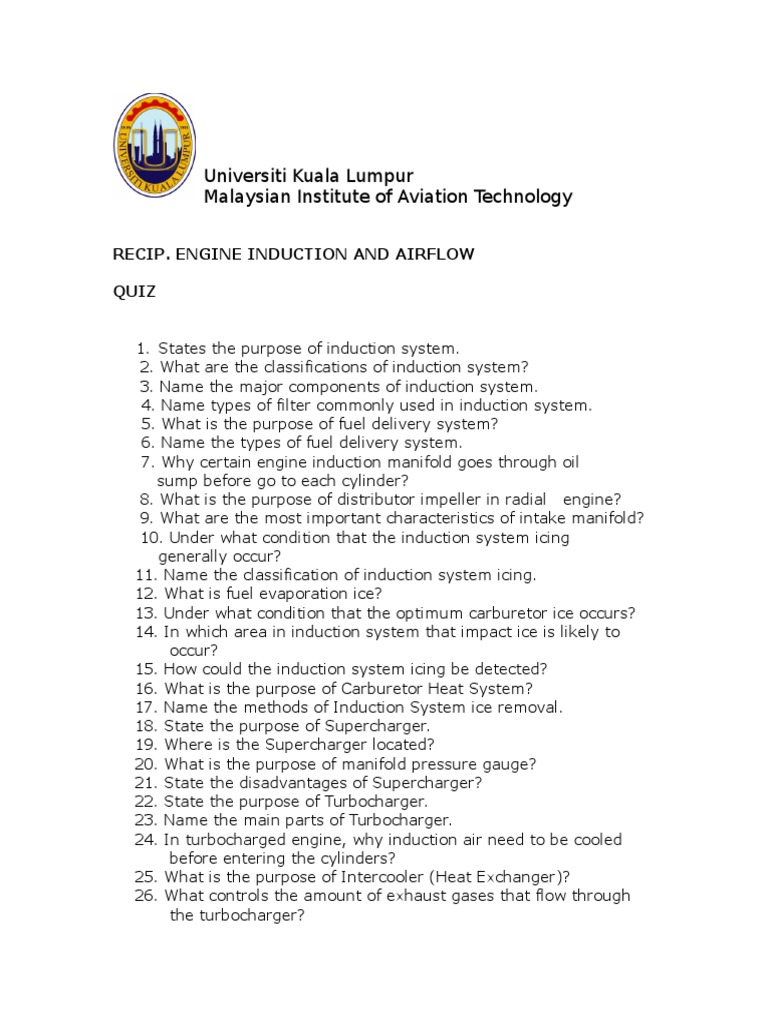 Recip Induction and Airflow Quiz PDF Turbocharger Vehicles