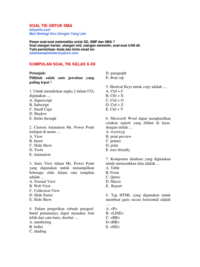 Kumpulan Soal TIK kelas 7 RSBI