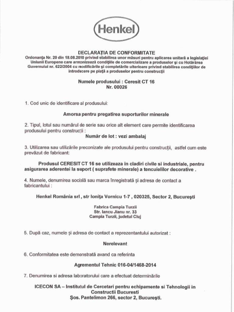 Declaratie Conformitate Ceresit CT 16 PDF | PDF
