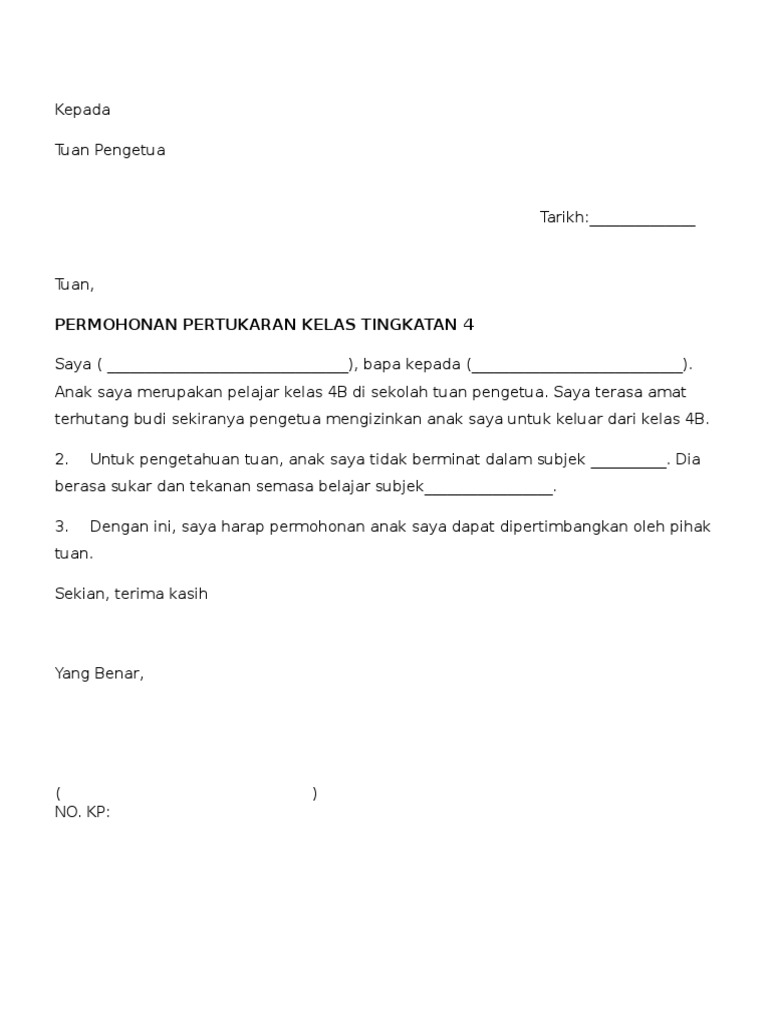 Contoh Surat Pertukaran Balik Kelas Peralihan Dari Tingkatan 1