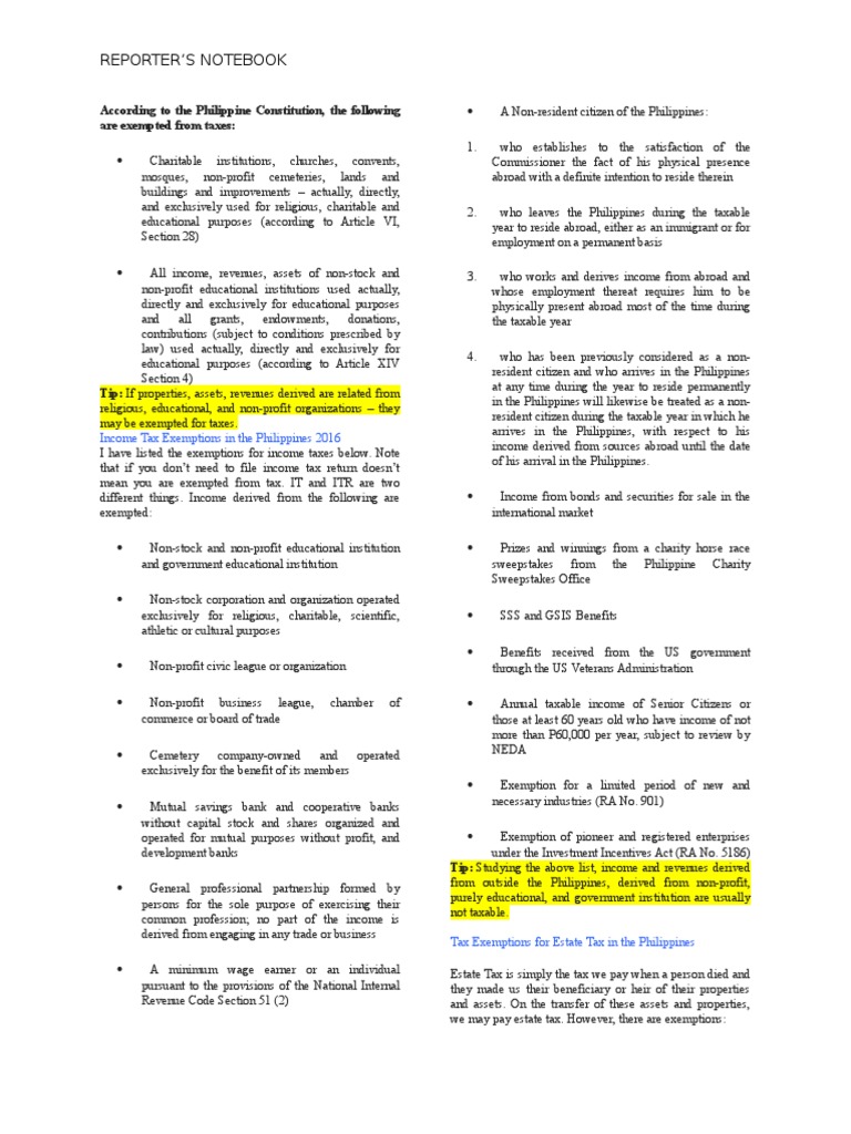 An Overview of Tax, Estate Tax, and Donor's Tax Exemptions in