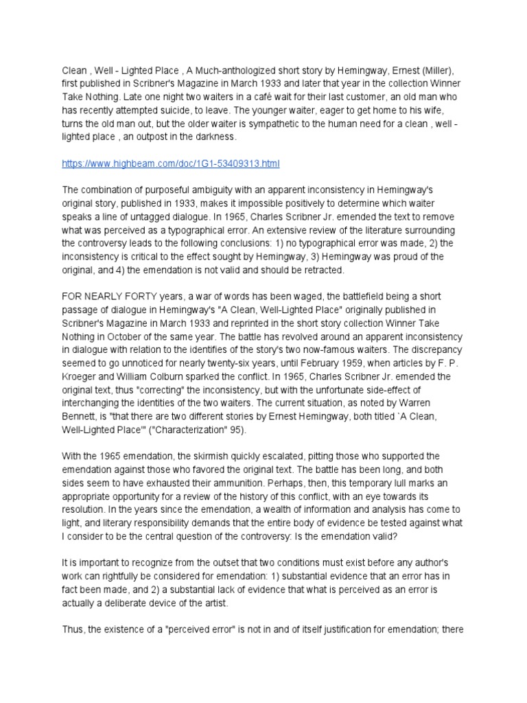 A Clean, Well Lighted Place Ambiguity Ernest Hemingway