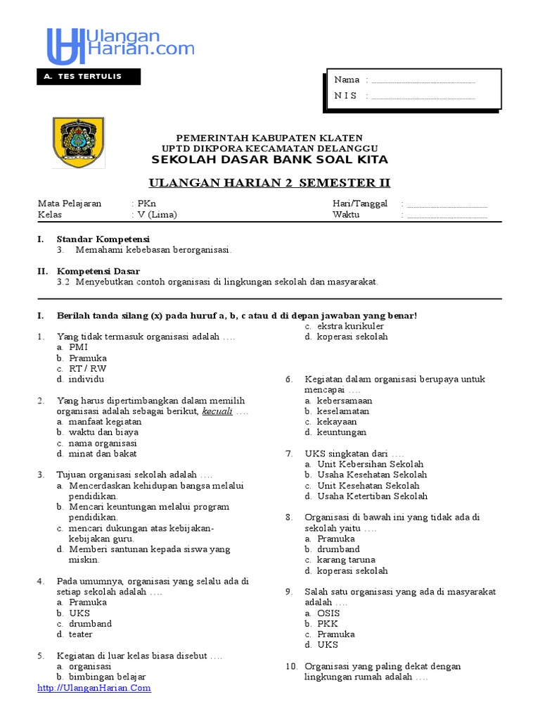 UH1 PKN Tema Contoh ORganisasi Di Sekolah Dan Masyarakat  UH1 PKN Tema Contoh ORganisasi Di Sekolah Dan Masyarakat
