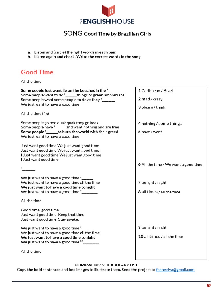Good Time Lyrics Activity | PDF | Cooking, Food & Wine | Language Arts ...