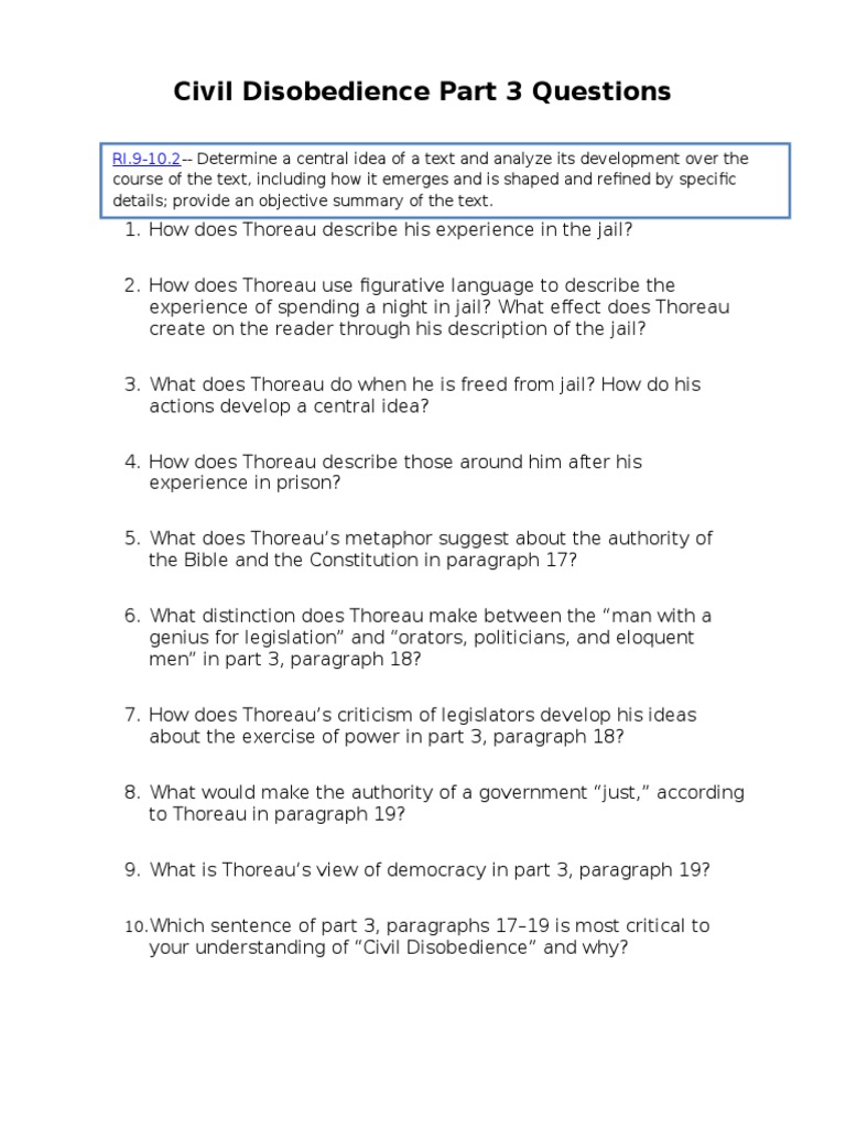 Civil Disobedience Part 3 Questions Honors PDF