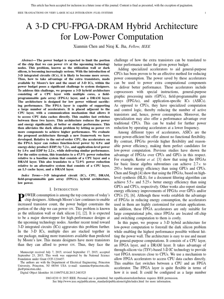 A 3-D CPU-FPGA-DRAM Hybrid Architecture For Low-Power Computation | PDF ...