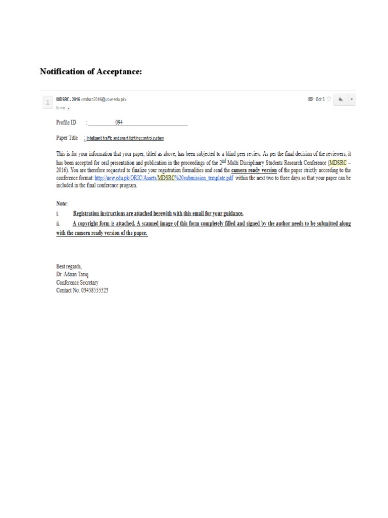 Notification of Acceptance Letter Template | PDF