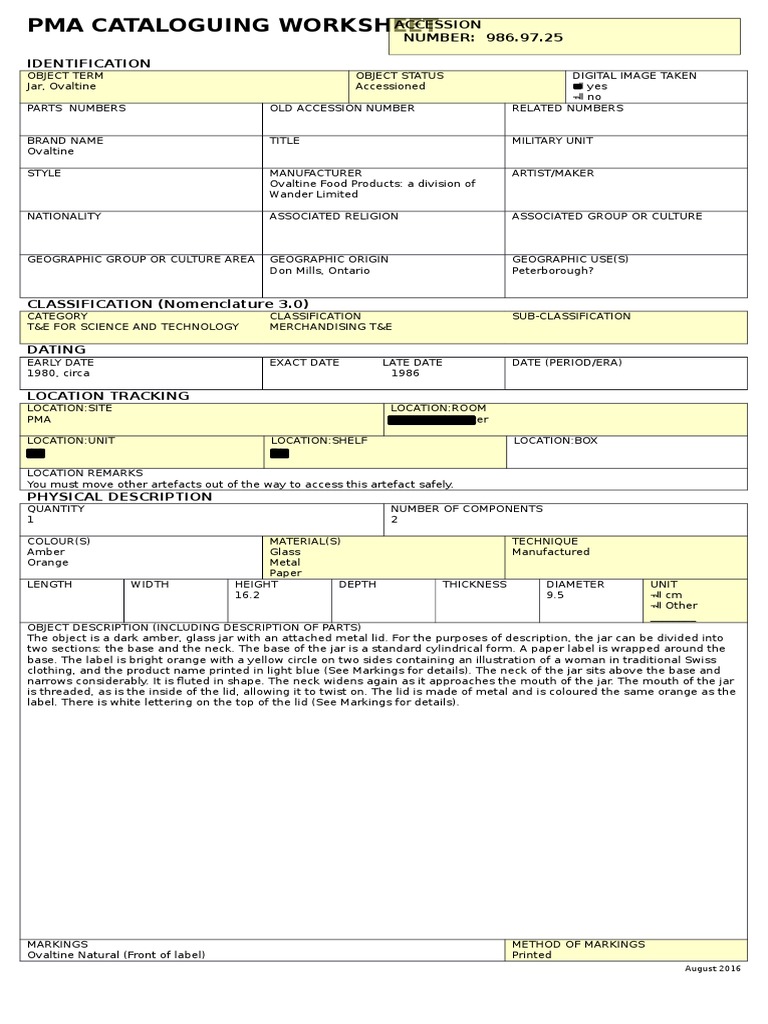 Cataloguing Worksheet Ovaltine Jar | PDF
