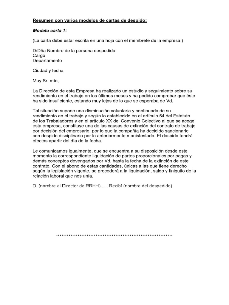 Modelos Carta De Despido Varios Pdf Liquidación Derecho Laboral