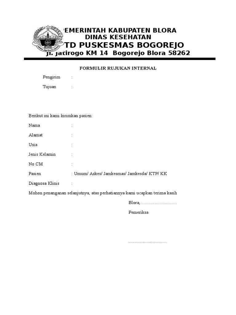 Formulir Rujukan Internal Puskesmas Blora | PDF