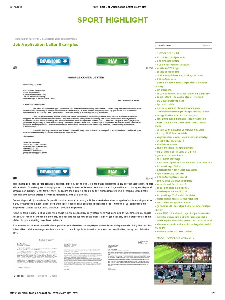 Hot Topic Job Application Letter Examples Employment Sports