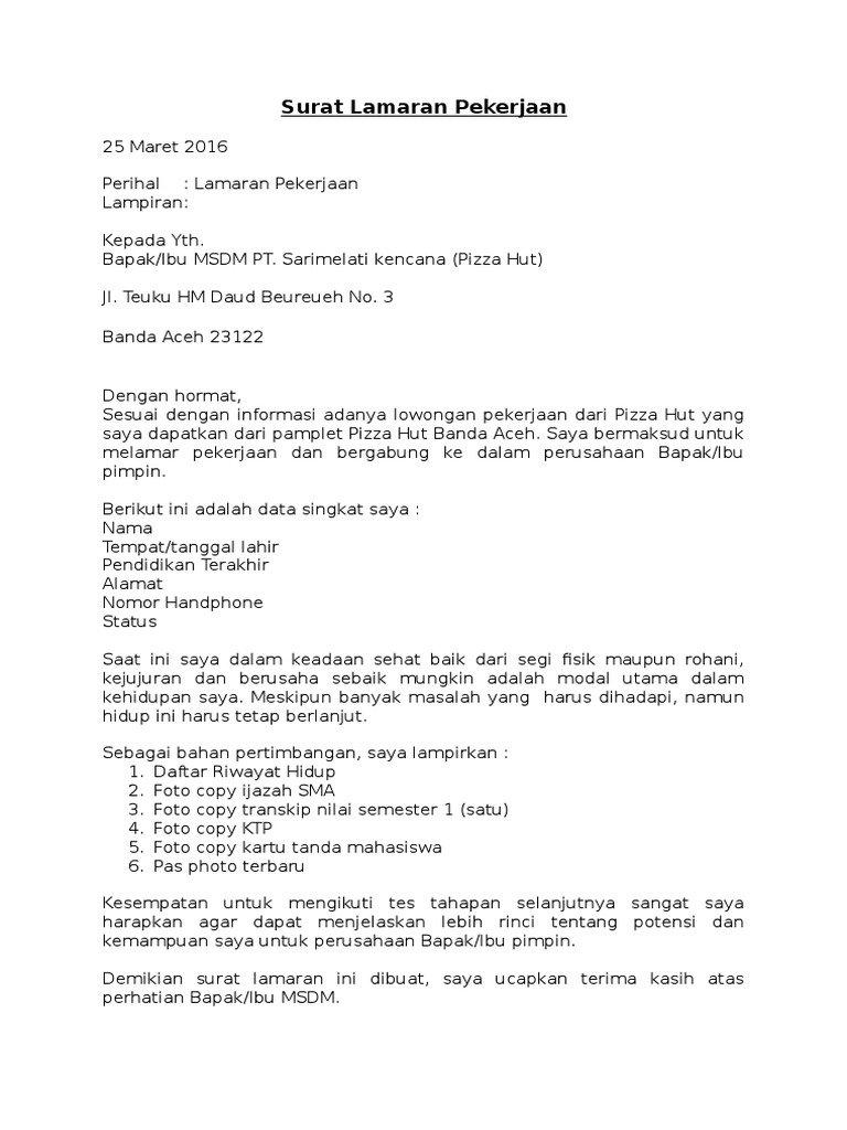 Contoh Surat Lamaran Kerja Ke Pizza Hut - Kumpulan Contoh ...