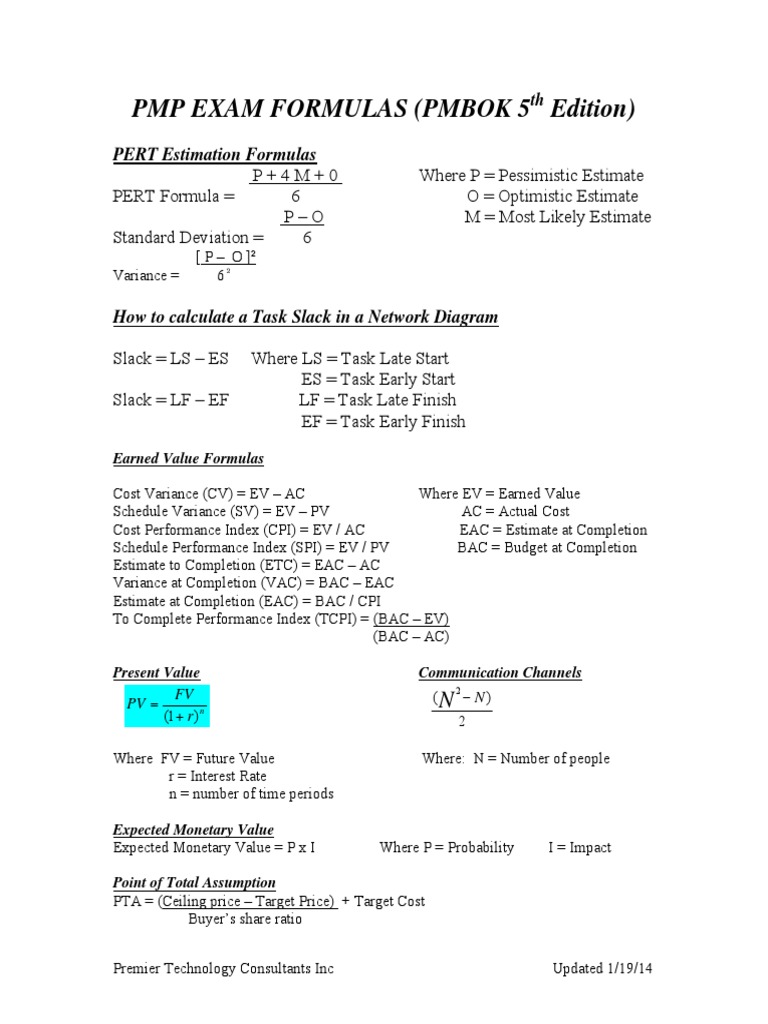 PMP Exam Formulas | Download Free PDF | Economies | Business