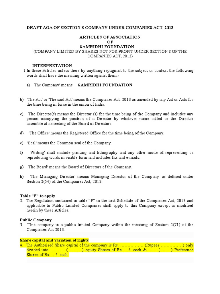 Draft AOA for Section 8 Company | PDF | Proxy Voting | Board Of Directors