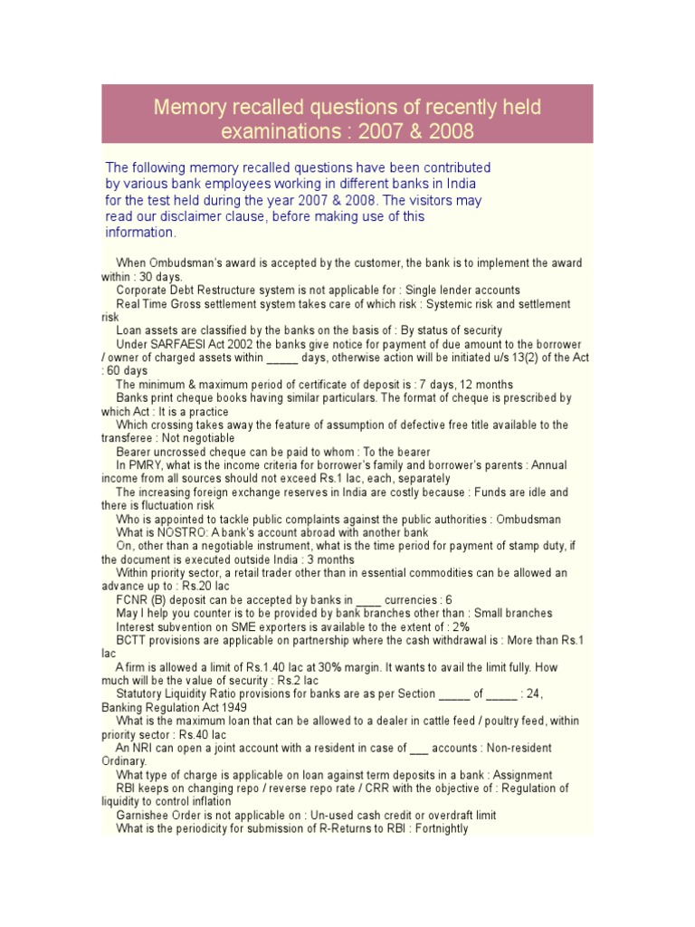Memory Recalled Questions of Recently Held Examinations: 2007 & 2008 ...