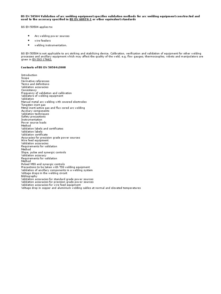 BS en 50504 Validation of Arc Welding Equipment Specifies Validation