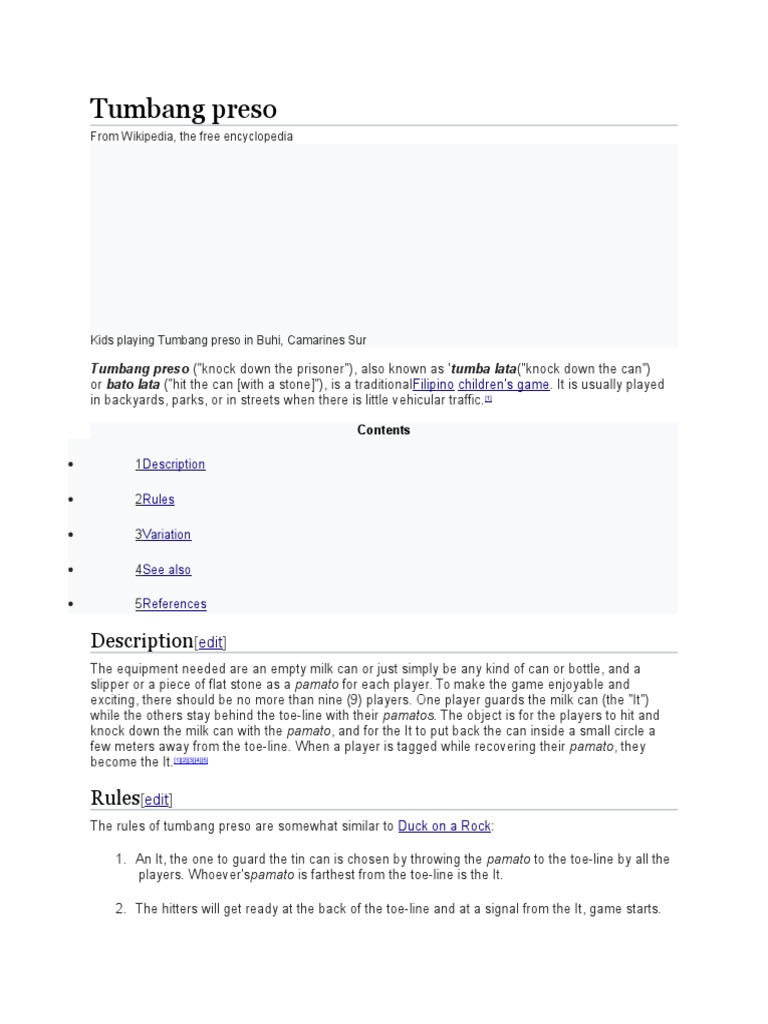 Tumbang Preso Rules and Variations of a Traditional Filipino Children