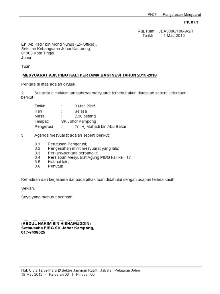 Contoh Format Surat Tempahan Bilik Mesyuarat