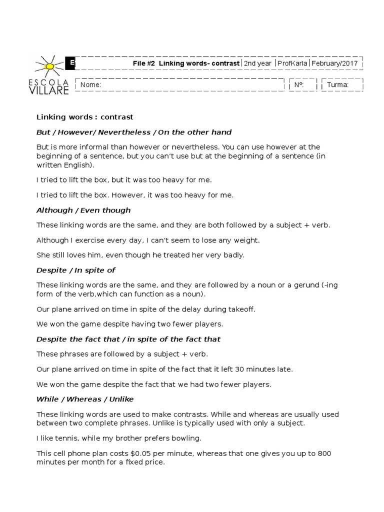 Linking Words for Contrast in English | PDF | Phrase | Verb