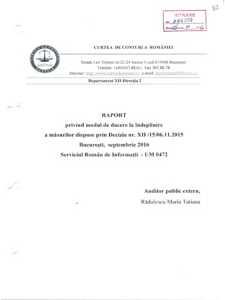 Raportul De Follow Up Al CurÅ£ii De Conturi Trimis Sri Pe 23 Septembrie 2016