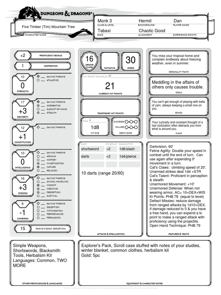 Character Sheet Alternative Tabaxi Monk Pdf Role Playing Games Role Playing