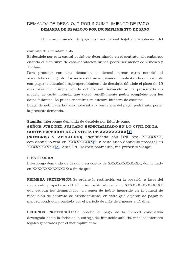 Demanda Desalojo Incumplimiento Pago | PDF | Demanda judicial | Información  del gobierno