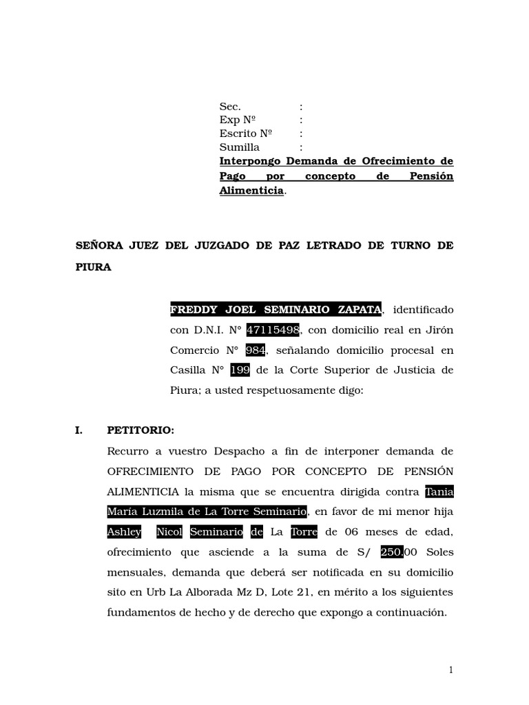 Demanda de Ofrecimiento de Pago Manutención de los hijos