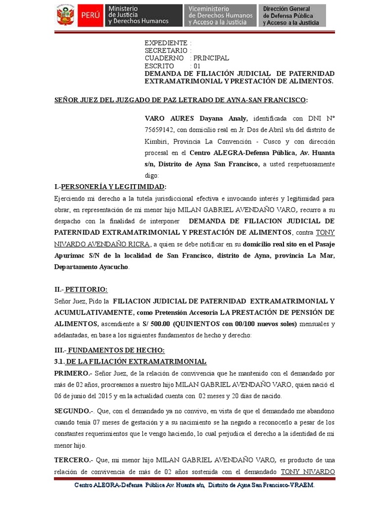 Demanda Filiacion y Alimentos PDF Demanda judicial Ley procesal