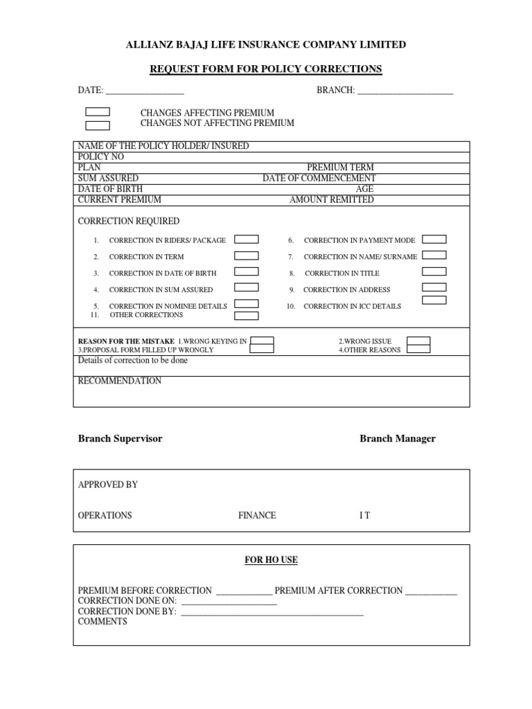 Allianz Bajaj Policy Correction Request Form | PDF | Business