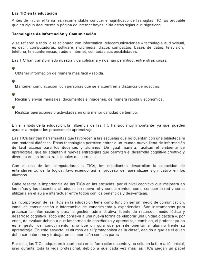 Importancia de las TIC en Educación | PDF | Tecnología de información y ...