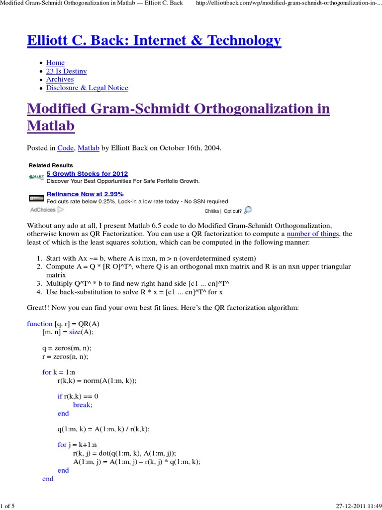 Modified Gram Schmidt Orthogonalization In Matlab Elliott C Back Mathematical Concepts Linear Algebra