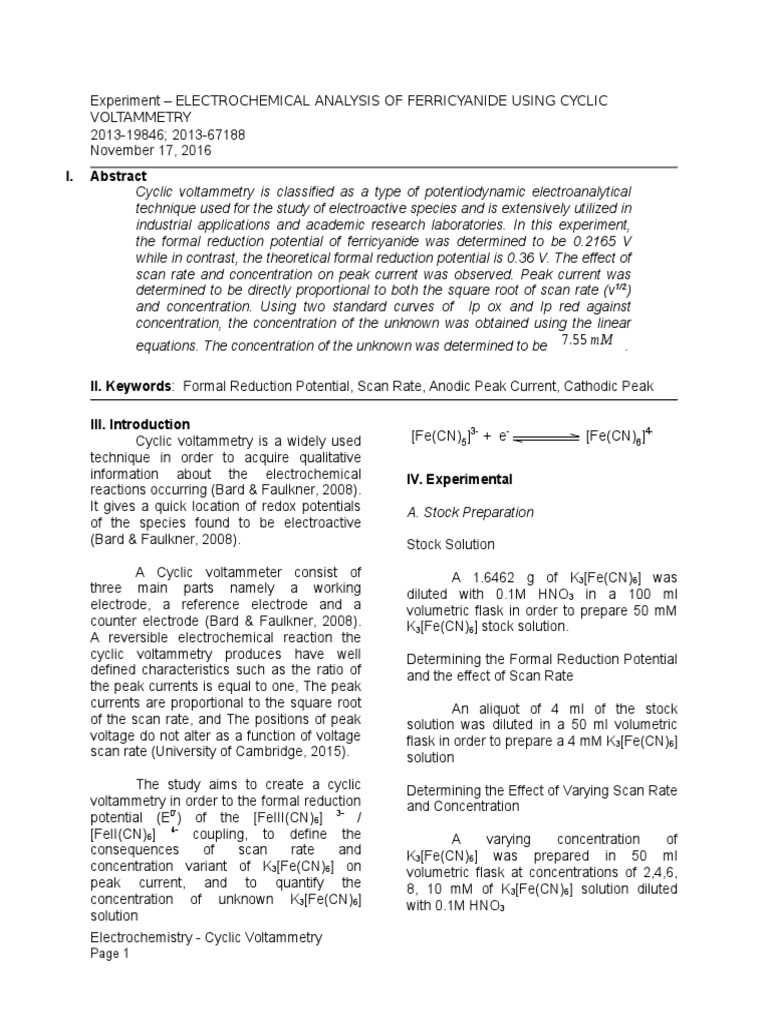 Cyclic Voltammetry of Ferricyanide | PDF | Redox | Electrochemistry