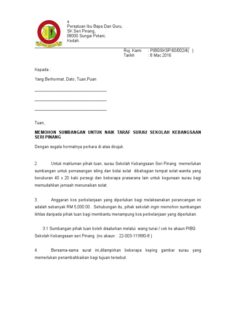 Surat Memohon Sumbangan Naik Taraf Surau