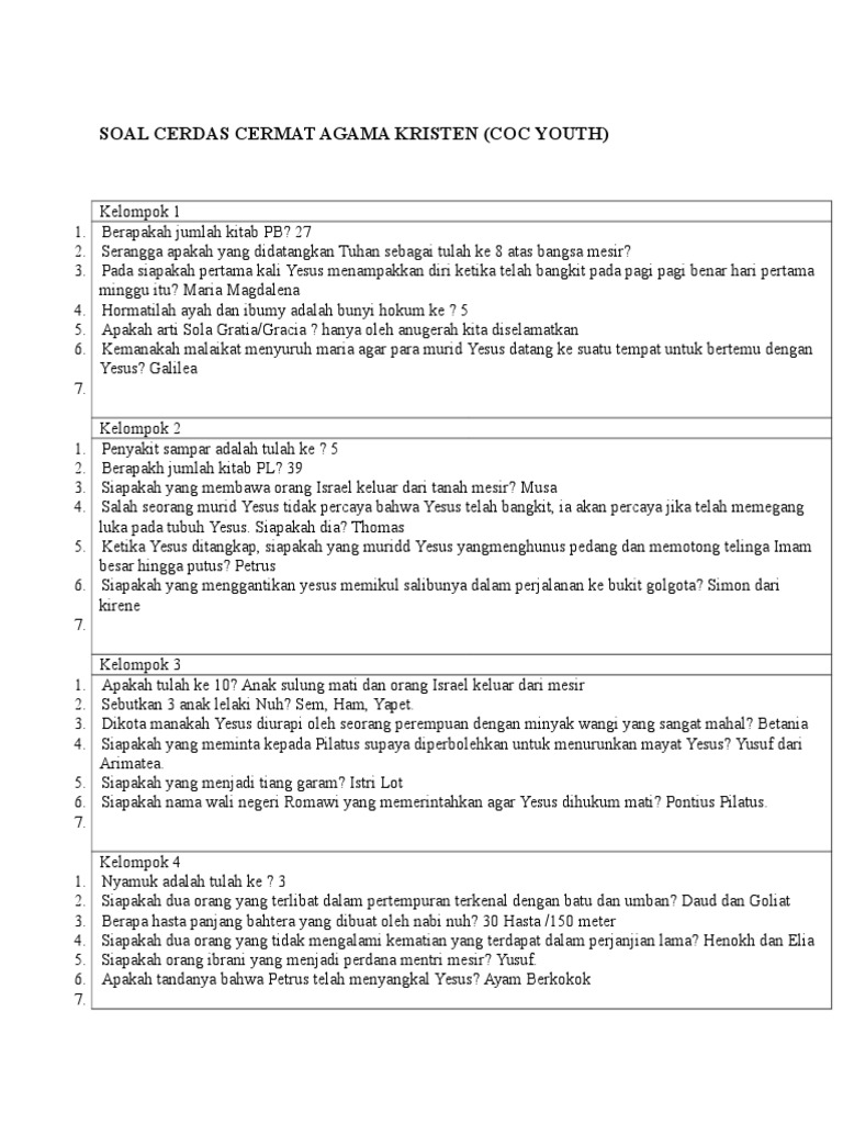 Soal Cerdas Cermat Agama Kristen Coc Youth