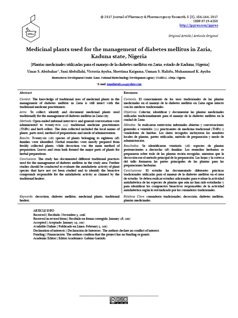 Medicinal Plants Used For The Management of Diabetes Mellitus in Zaria ...