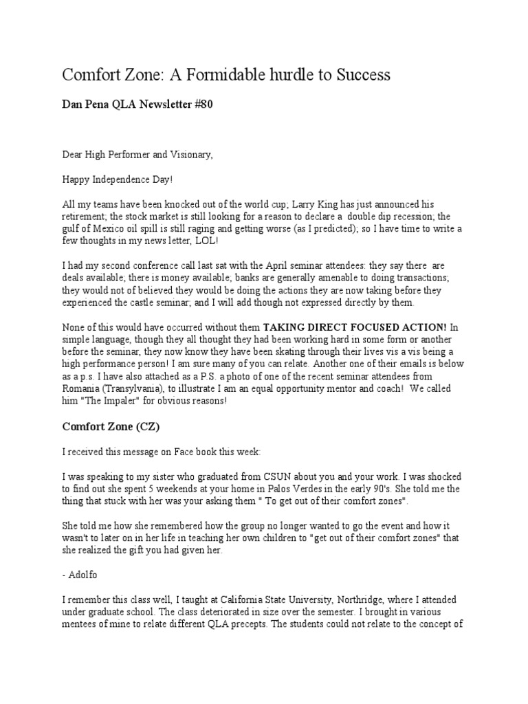 Dan Pena Qla Newsletter 80 Comfort Zone A Formidable Hurdle To