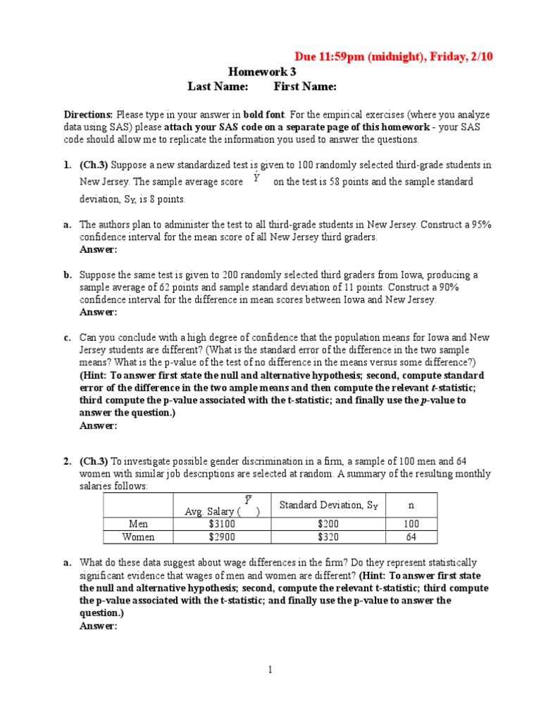 Homework 3: Statistical Analysis with SAS | PDF | P Value | Sas (Software)