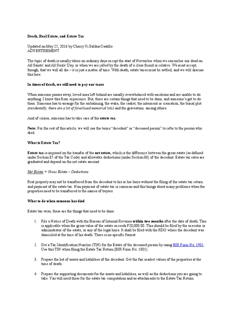 ARTICLE Death, Real Estate, and Estate Taxes PDF Estate Tax In The United States Tax