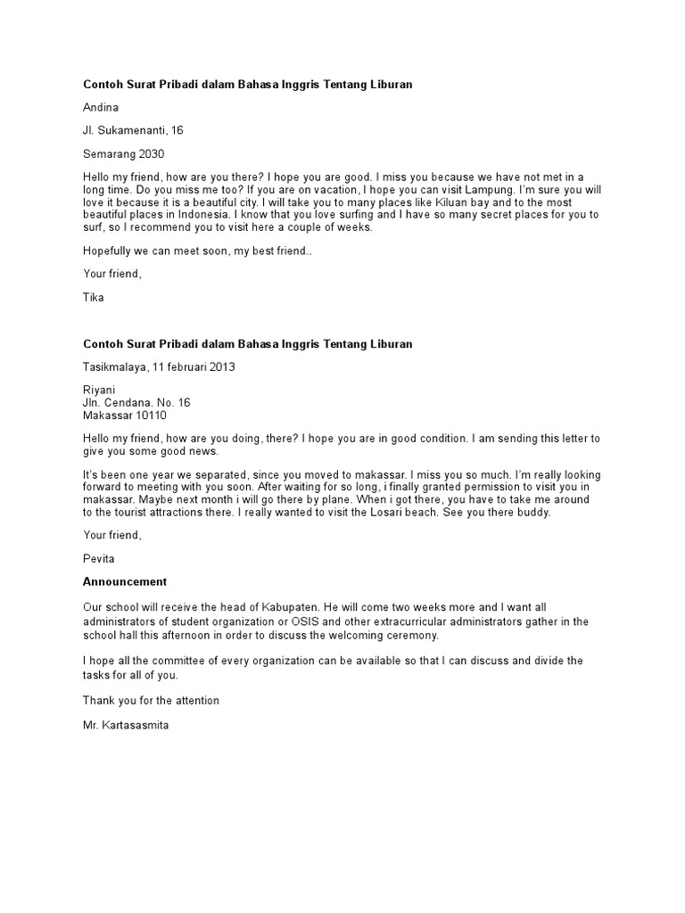 Contoh Surat Pribadi Dalam Bahasa Inggris Tentang Liburan Contoh Surat Pribadi Dalam Bahasa Inggris Tentang Liburan
