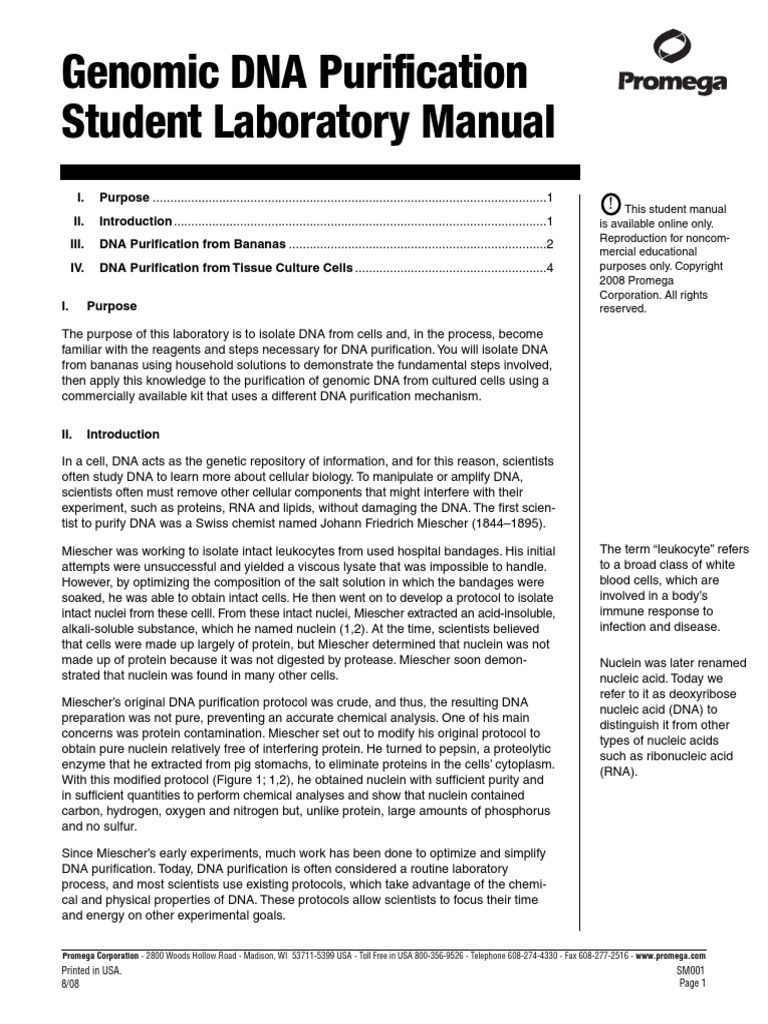 Genomic DNA Purification Student Laboratory Manual | PDF | Lysis | Dna