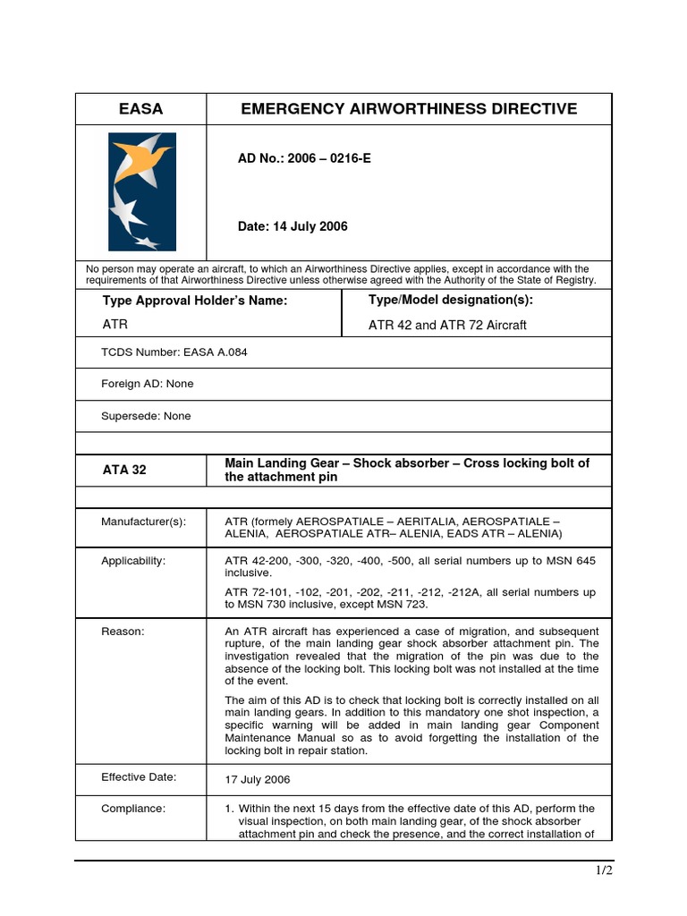 Easa Emergency Airworthiness Directive AD No. 2006 0216E