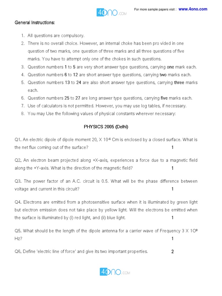 CBSE Class 12 Physics Paper 2005 | PDF