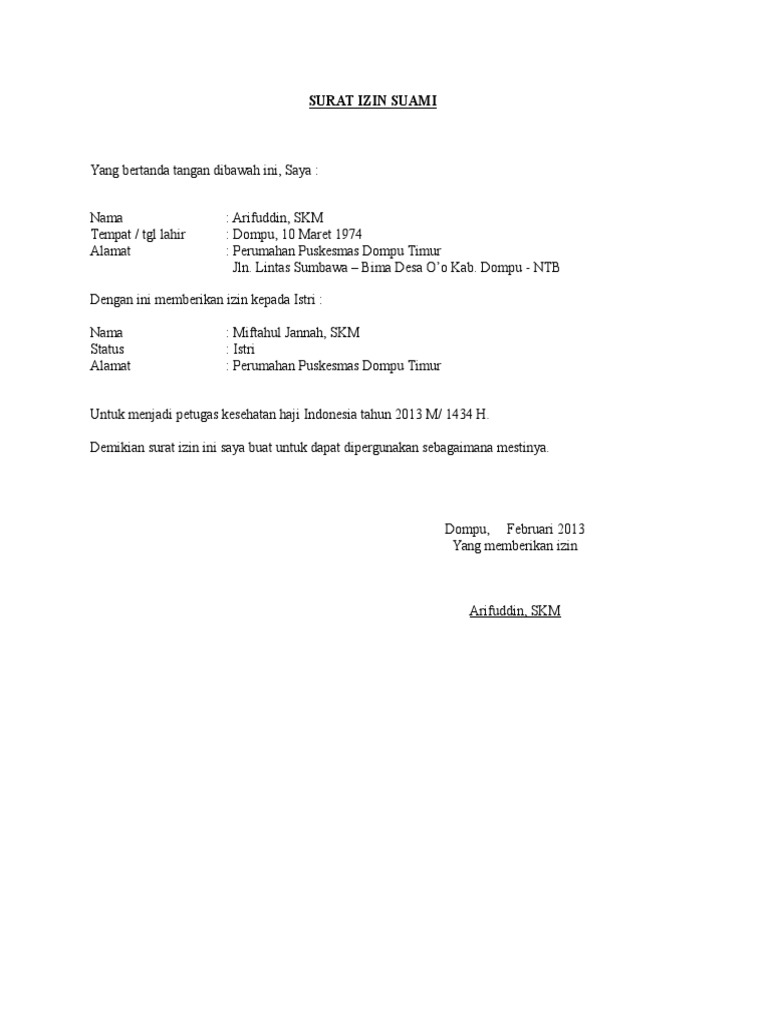 Contoh Surat Izin Suami Untuk Kerja